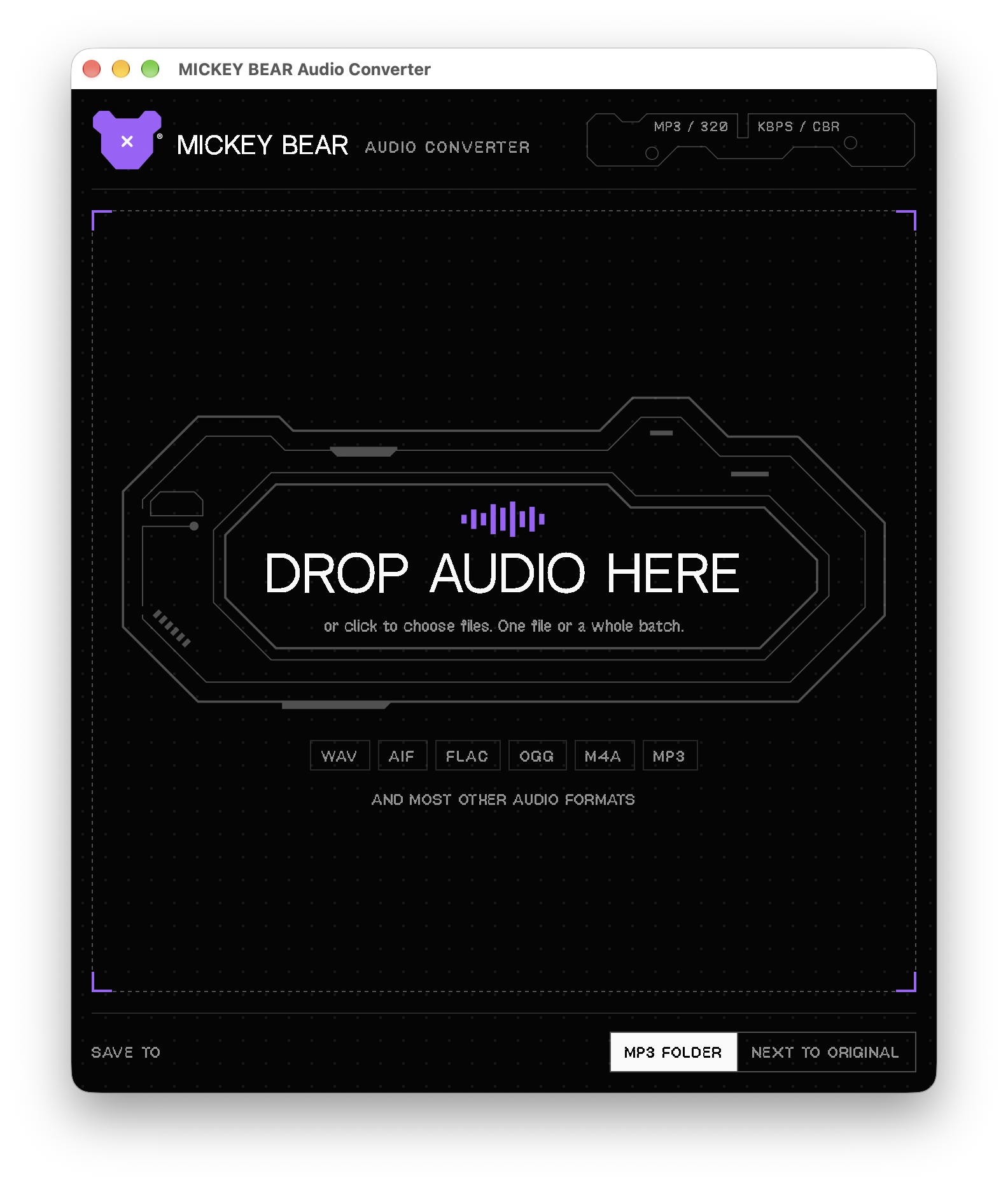 MICKEY BEAR Audio Converter: drop zone ready for audio files